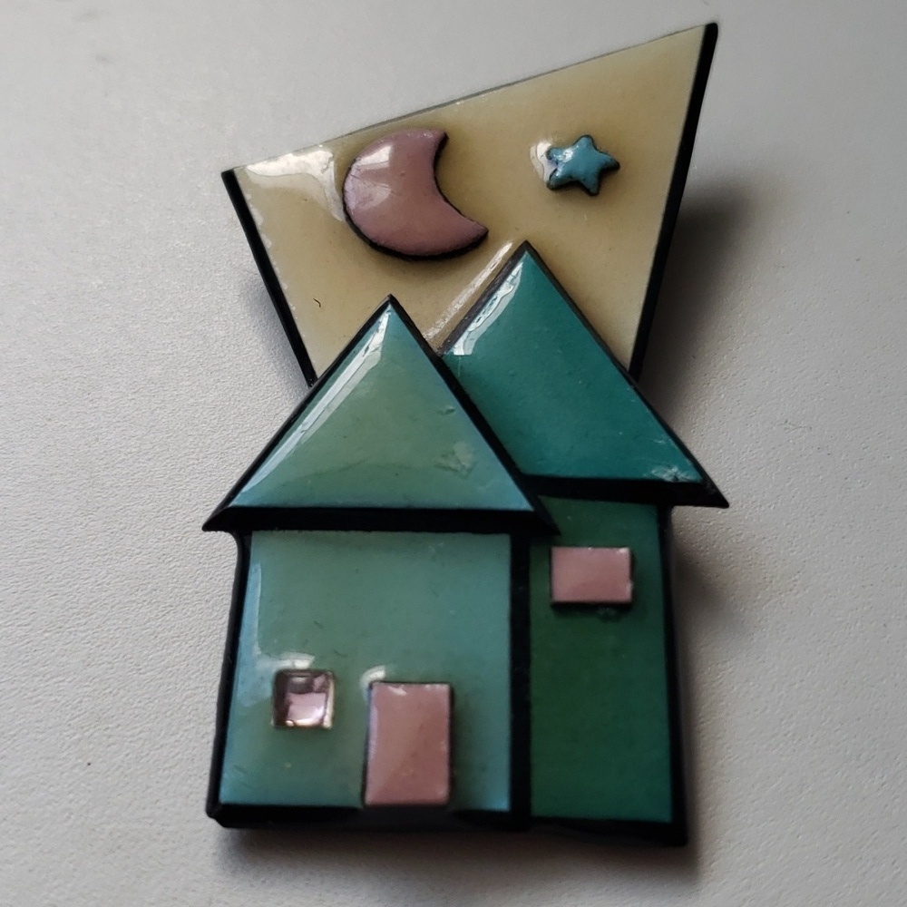 VINTAGE 1990s, Resin Pin, Resin Brooch, House, Moon and Star Pin, Funky Pin - Picture 3 of 7